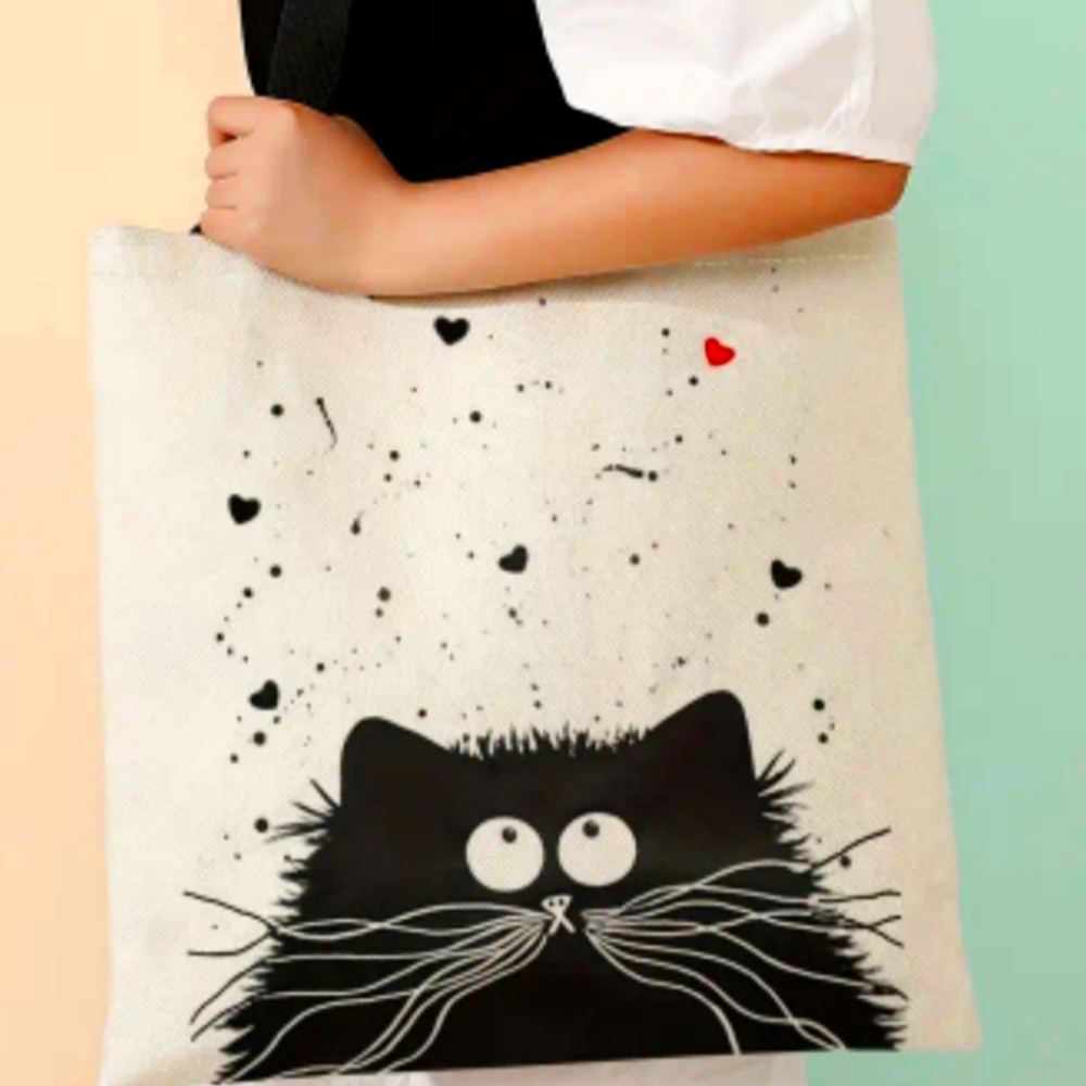 NEW Silly Black Kitty Canvas Tote Bag With Hearts